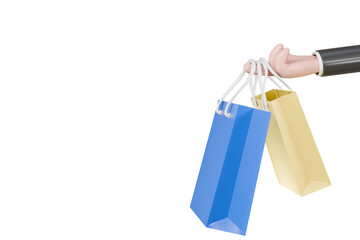 3d minimal business hand holding shopping bag icon. Delivery concept, Online shopping retail, sale, store design element concept. 3d minimal cartoon creative design isolated background. 3d rendering.