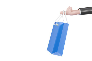 3d minimal business hand holding shopping bag icon. Delivery concept, Online shopping retail, sale, store design element concept. 3d minimal cartoon creative design isolated background. 3d rendering.