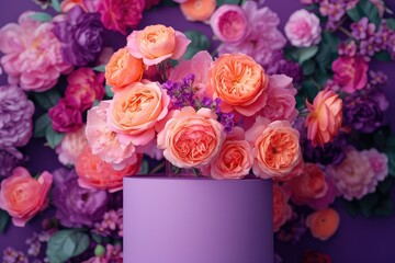 Elegant Summer Showcase - Garden Roses on a Purple Podium, Celebrating the Beauty and Grace of Nature's Creations