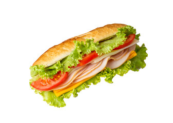 Cheese, ham, lettuce and tomato slices in an appetizing tasty sandwich.