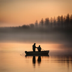 fishing on the lake at sunrise