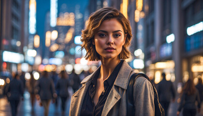 Fototapeta premium Caucasian modern businesswoman and executive style outside a center after a business dinner with defocused background and copy space. Business and entrepreneurship. Lifestyle.