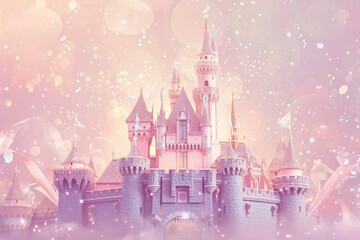 A Princess Castle Birthday Backdrop with Sparkling Turrets and Flowing Ribbons on the Background in Pastel Colors, in the Style of Magical Pink and Enchanted Purple, Detailed Environments, RTX On