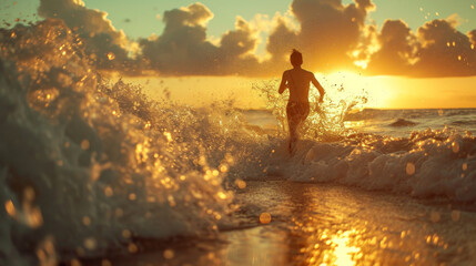 A child runs into the wavy sea at sunset