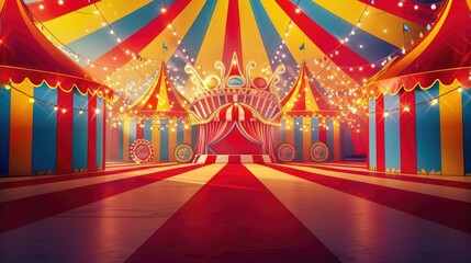 A Circus Carnival Birthday Backdrop with Striped Tents and Exciting Performances on the Background in Bold Colors, in the Style of Vibrant Red and Bold Yellow, Detailed Environments, RTX On