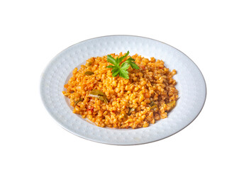 Traditional turkish bulgur pilaf with tomato sause in plate (Turkish name; meyhane pilavi)