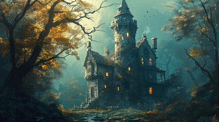 Illustration of an old spooky castle in fog