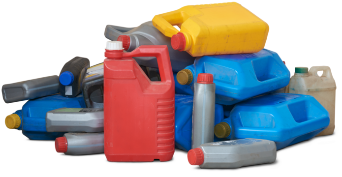 pile of old used plastic oil cans, motor or engine oil chemical gallon for recycle, various sizes and colors of empty waste containers or canisters isolated on white background