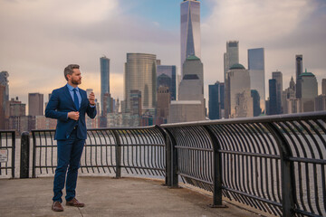 Successful businessman in NYC. Business man in New York. Businessman in suit outdoor. Portrait of...