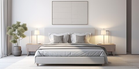 Grey lamp on metal table in large bedroom with white carpet and gallery above bed.
