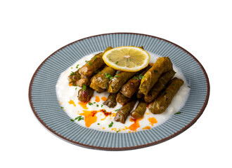 Traditional delicious Turkish cuisine; Leaf wrap - stuffed leaves served with yoghurt. Turkish name; yogurtlu yaprak sarmasi