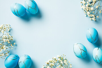 Blue and marble Easter eggs with flowers on pastel blue background. Top view, flat lay, copy space.