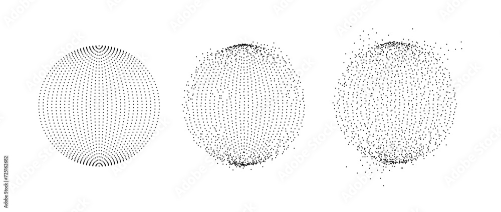 Aufkleber Set of dotted spheres with dissolve effect. Stipple disintegrating circle collection. Halftone textured balls with noise dot work grain. Radial grunge particles. Dot sphere bubble bundle. Vector pack