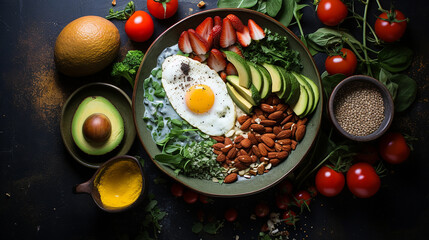 healthy breakfast ingredients with egg avocado berries