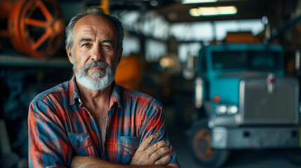 Portrait of a truck repair shop owner with arms crossed.