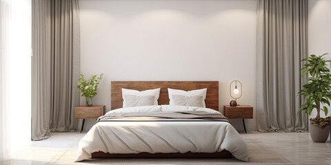 Authentic bedroom design with a spacious bed, white bedding and cushions. Solid wall. Actual home photo with trendy decor. Wood furnishings. Sheer curtains on expansive windows.