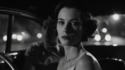 Beautiful woman in car, black and white, film noir - obrazy, fototapety, plakaty