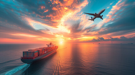 ship at sunset with airplane flying above, ,,trade, maritime carrier vessel, concept, courier, distribution, commerce, logistic transportation transport at sea cargo ship, shipping