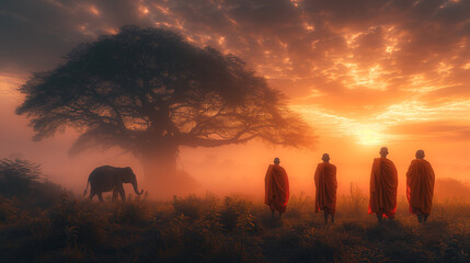 Thai monks walking in the rice fields at sunrise in Thailand with mist an fog and Elephants at the rural countryside