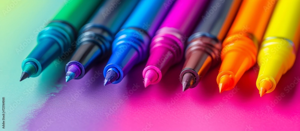 Poster assorted colorful marker pen set with diverse background.