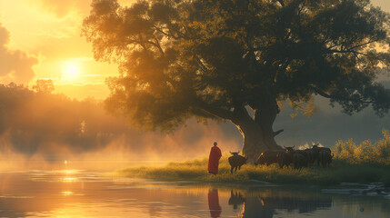 Thai monks walking in the rice fields at sunrise in Thailand with mist an fog and buffalos at the river