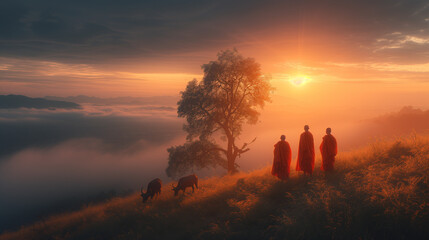 Thai monks walking in the rice fields at sunrise in Thailand with mist an fog and buffalos in the mountains