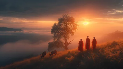Crédence de cuisine en verre imprimé Matin avec brouillard Thai monks walking in the rice fields at sunrise in Thailand with mist an fog and buffalos in the mountains