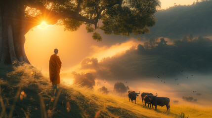 Thai monks walking in the rice fields at sunrise in Thailand with mist an fog and buffalos at the countryside