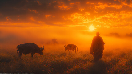 Naklejka premium herd of buffalos at sunrise,Thai monks walking in the rice fields at sunrise in Thailand with mist an fog and buffalos