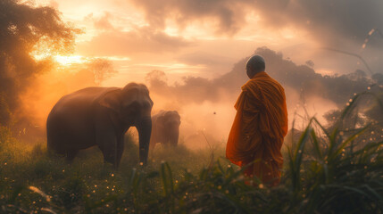 Thai monks walking in the rice fields at sunrise in Thailand with mist an fog and Elephants,sunrise...