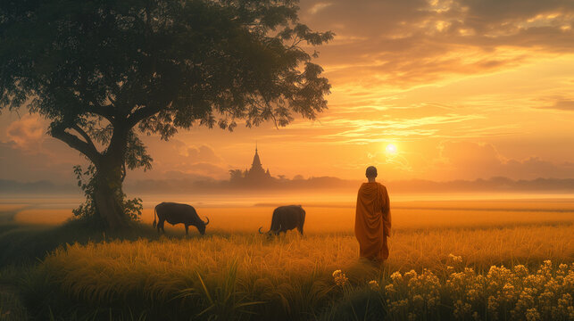 Thai monks walking in the rice fields at sunrise in Thailand with mist an fog and buffalos