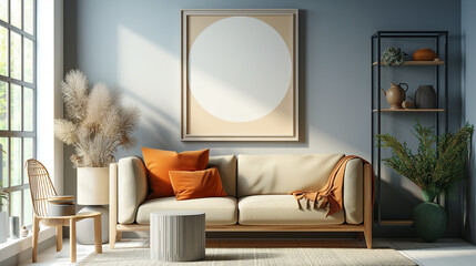 living room with sofa,A modern livingroom with space for painting mockups, empty painting, blank mock up