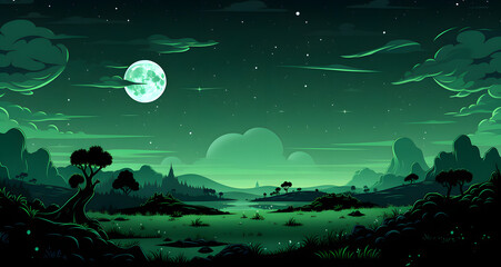 a green night scene with a green sky