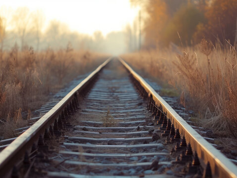 Foggy Morning Railway with Parallel Tracks, Trees, and Distant Sky in Perspective