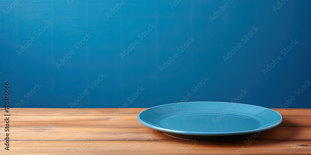 Wall mural Plate on table on wooden table on blue background.