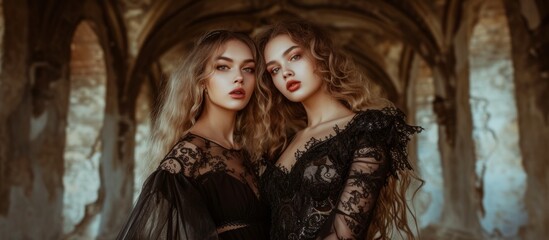 Evening dresses showcase stunning twin women in a portrait.