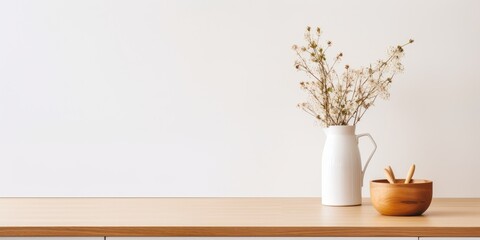 Minimalistic Scandinavian kitchen with wooden and white details, featuring a dry flower vase on a table.