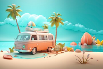 Minibus van with blue sky, sands, beach and palm trees, 3D Illustration