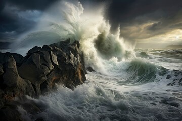 Fototapeta premium Powerful ocean waves break on the rocky shore. Texture of the water surface near the shore above the coral reef. Azure sea natural background.