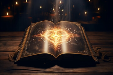 Ancient magic book on a wooden table background. Spellbook - obrazy, fototapety, plakaty