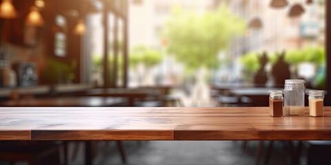Empty wooden table with blurred interior and modern loft coffee shop decor used as a mock-up template for displaying designs and advertising products.