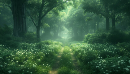 Fototapeta na wymiar A serene pathway through a misty forest glade, illuminated by morning light, creating a magical atmosphere.