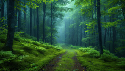 A serene pathway through a misty forest glade, illuminated by morning light, creating a magical atmosphere.