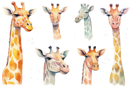 Set Of Watercolor paintings Giraffe on white background. 