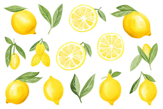 Watercolor painting Lemon symbols on a white background. 