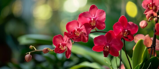 Red Orchids from a tropical country, with leaves and a pot in the background.