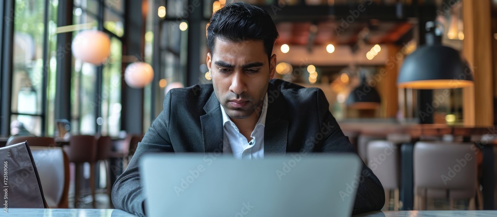 Poster businessman working in informal attire and pondering while using a laptop.