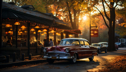 Obraz premium Old fashioned car illuminates the dark city street generated by AI