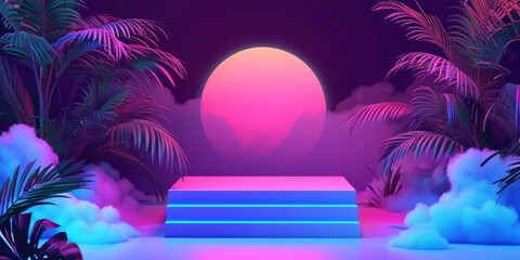 abstract background with neon glow. Futuristic landscape with palm trees, sun and clouds. synthware , retrowave , vaporwave - obrazy, fototapety, plakaty