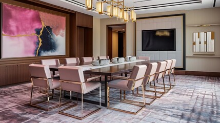 An elegant meeting space with a large table, rose gold chairs, and modern art decor.